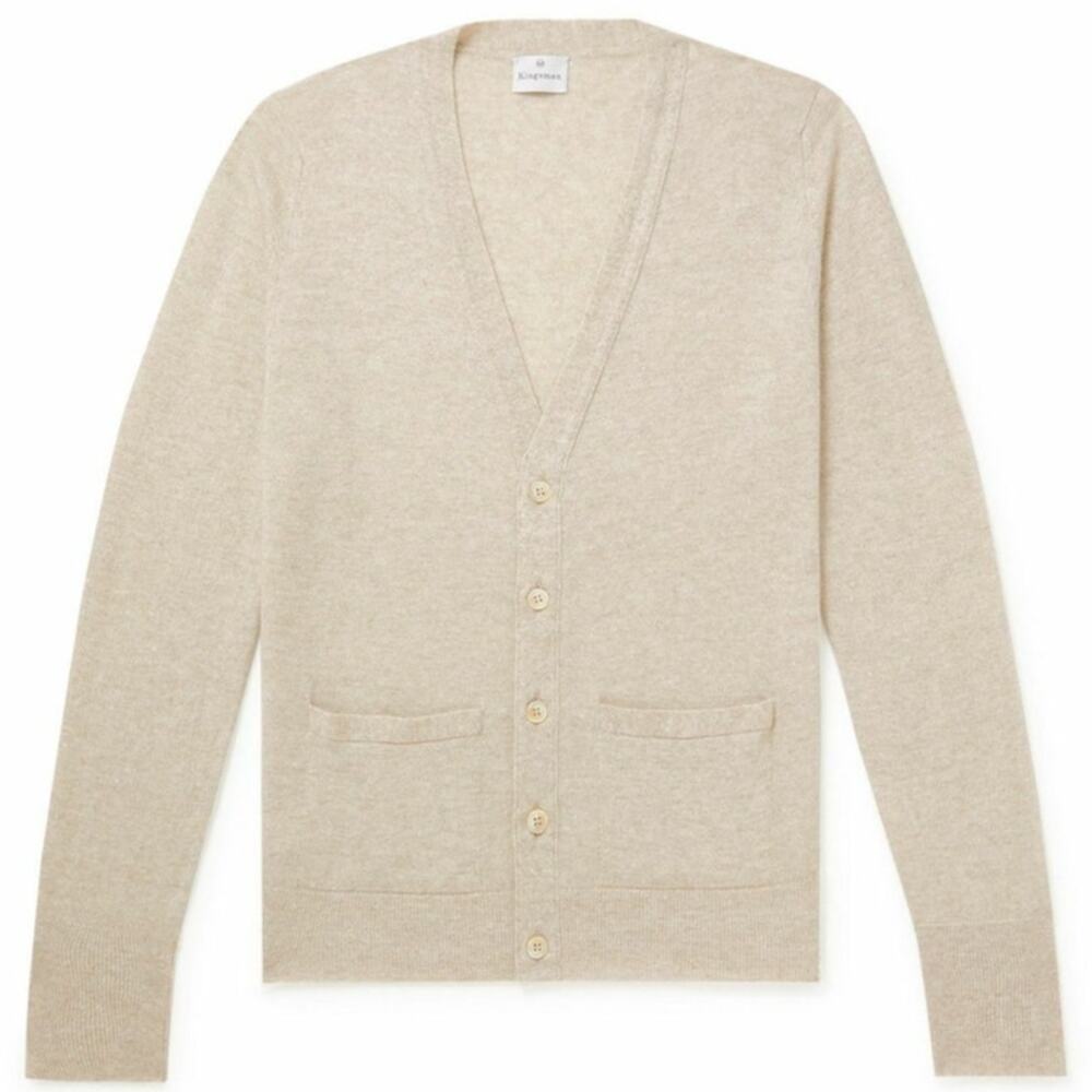 Kingsman Cashmere Linen Blend Cardigan Beige Oatmeal Men’s XL Quiet Luxury